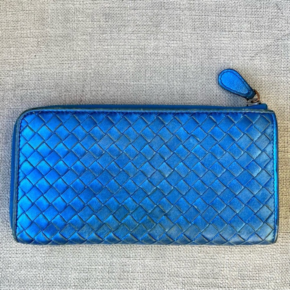 Bottega Veneta Handbags - Bottega Veneta Metallic Blue Intrecciato Leather Zip Around Wallet